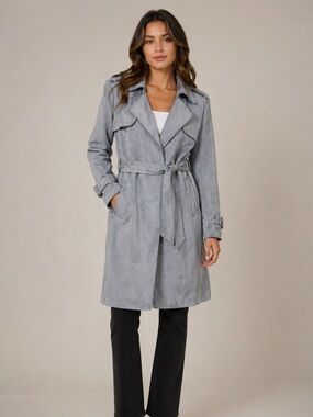 Philosophy Gray Medium Faux Leather Trench Coat Belted Classic Minimalist Chic